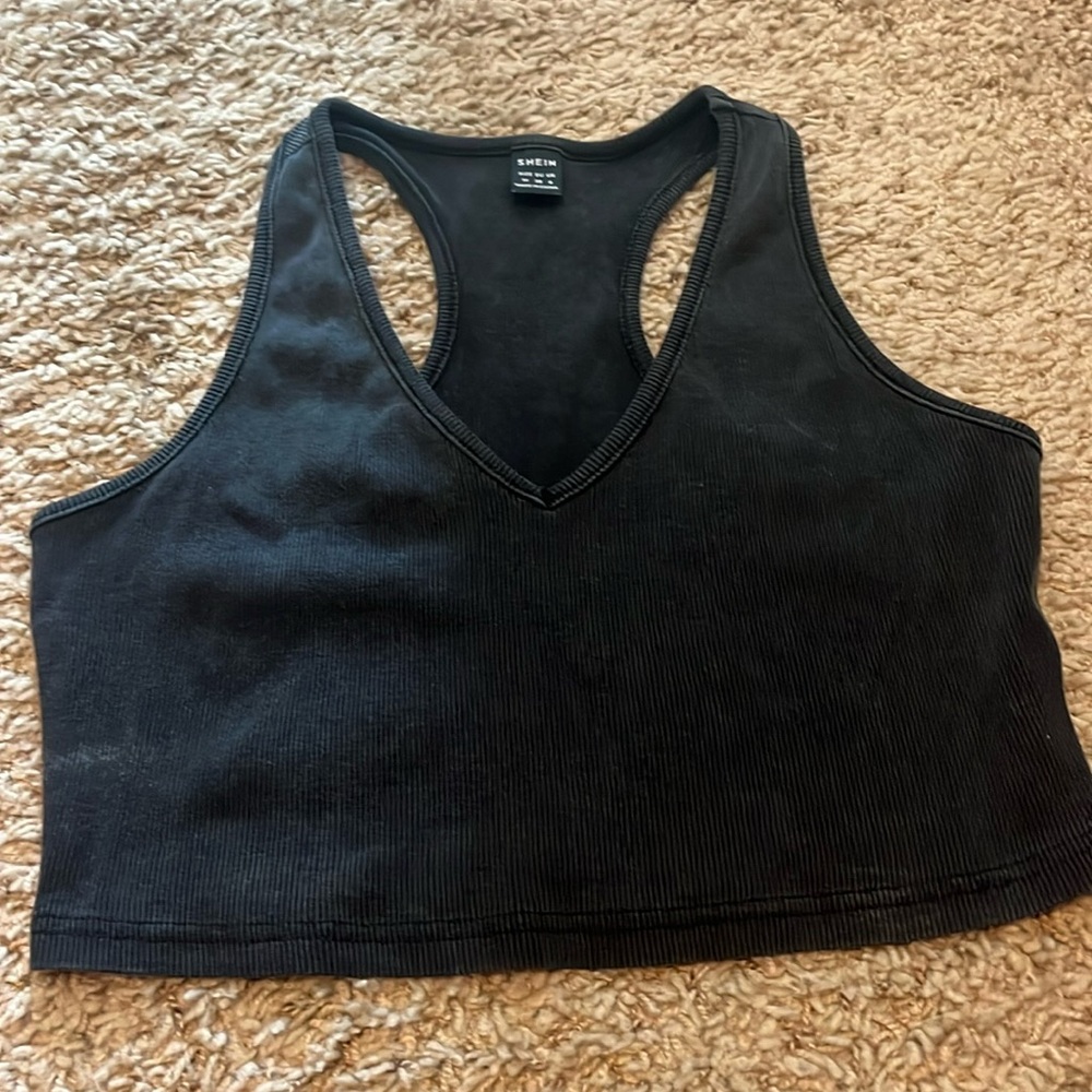 Blackish gray crop top.